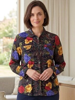 Talyba Womens Floral Paisley Button-Up Shirt in Black Red Yellow Blue Lg